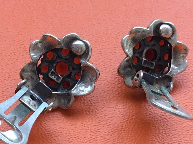 Vintage Clip On Flower Format Earrings with multiple red rubys Sterling Silver 925