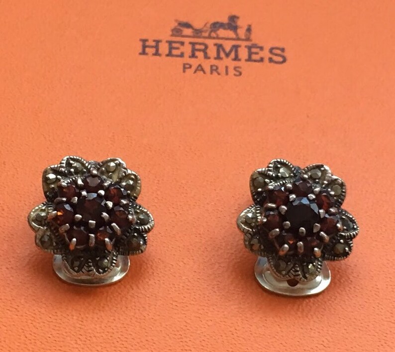 Vintage Clip On Flower Format Earrings with multiple red rubys Sterling Silver 925
