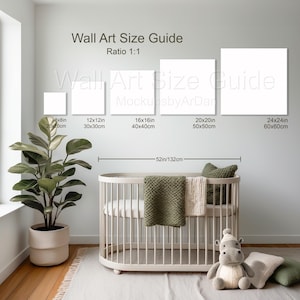 Guía de tallas de lienzo cuadrado en maqueta de habitación infantil, Guía de tallas de impresión cuadrada en maqueta, Tabla de tallas de arte de pared en habitación infantil Relación 1:1, Guía de tallas PSD