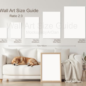 Portrait wall art size guide Ratio 2:3 mockup, Portrait canvas size guide with pet mockup, Portrait frame size guide with dog mockup, PSD