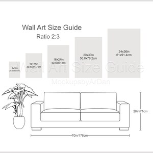 縦長比 2:3 ウォールアート サイズ表、ウォールアート サイズ ガイド、ウォールアート サイズ比較表、ウォール ディスプレイ ガイド、ウォールアート プリント サイズ表