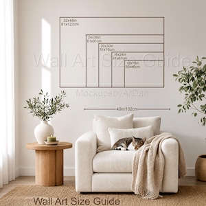 May include: A wall art size guide graphic featuring five nested rectangular outlines with dimensions ranging from 30x46cm to 81x122cm. The text Wall Art Size Guide and MockupsbyArDan are visible, along with a 102cm horizontal scale line.