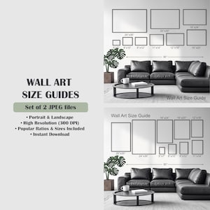 May include: A wall art size guide featuring two sets of JPEG files in portrait and landscape orientations. The graphic displays various frame dimensions in inches, including 5x7, 8x10, 8x12, 11x14, 12x18, 16x20, 16x24, 20x30, and 24x36, shown above a black sofa.