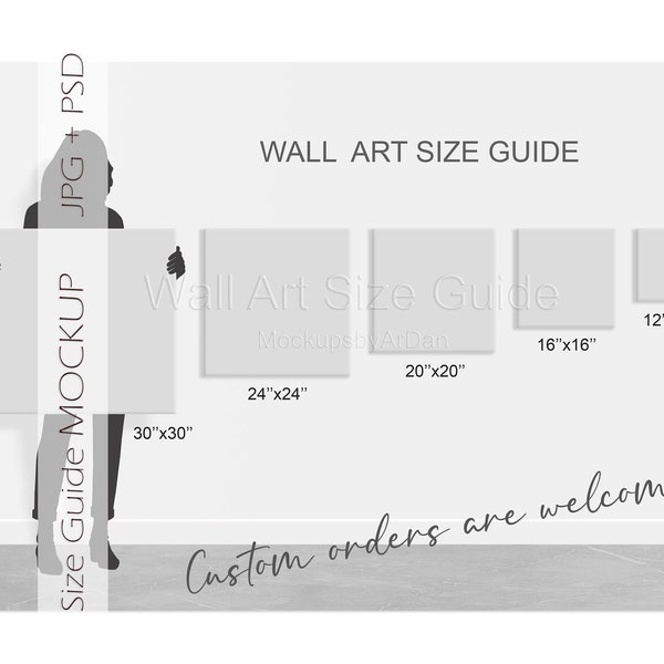 Square canvas wall art size guide, Canvas print size guide, Wall art display guide, Canvas size comparison chart, Canvas size chart PSD