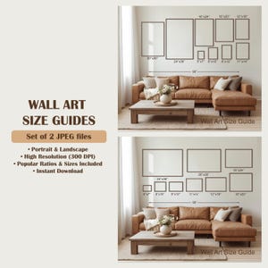 May include: A wall art size guide featuring two sets of JPEG files for portrait and landscape orientations. The graphic displays various frame dimensions in inches, including 20x30, 24x36, 16x24, 16x20, 12x18, 5x7, 8x10, 8x12, and 11x14, shown above a sofa.