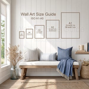 Guide des tailles ISO pour tableaux muraux (JPG, A1, A2, A3, A4, A5) pour les vendeurs Etsy ; image d'un banc d'entrée vertical ; visualiseur de format d'impression