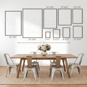 Può includere: Una guida alle dimensioni per quadri da parete con vari contorni di cornici rettangolari e misure in pollici, tra cui 20x30, 24x36, 16x24, 16x20, 12x18, 5x7, 8x10, 8x12 e 11x14, sopra un tavolo da pranzo in legno con quattro sedie in metallo.