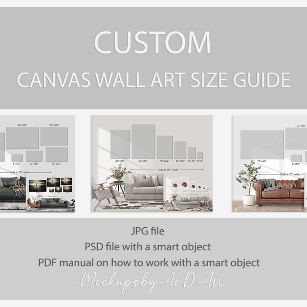 Custom canvas size guide mockup, Custom wall art size guide mockup, Custom canvas size chart mockup, Wall art size guide mockup psd