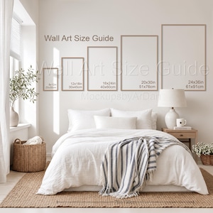 Puede incluir: Una guía de tamaños para arte de pared con cinco marcos rectangulares en tamaños ascendentes de 20x30cm a 61x91cm. El texto Wall Art Size Guide aparece sobre los marcos, con las dimensiones específicas indicadas dentro de cada uno.