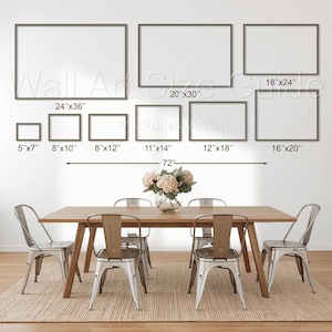 May include: A display of framed wall art sizes, including 12.7cm x 17.8cm, 20.3cm x 25.4cm, 20.3cm x 30.5cm, 27.9cm x 35.6cm, 30.5cm x 45.7cm, 40.6cm x 50.8cm, 40.6cm x 61cm, 50.8cm x 76.2cm, and 61cm x 91.4cm. A dining table with metal chairs is in the foreground.