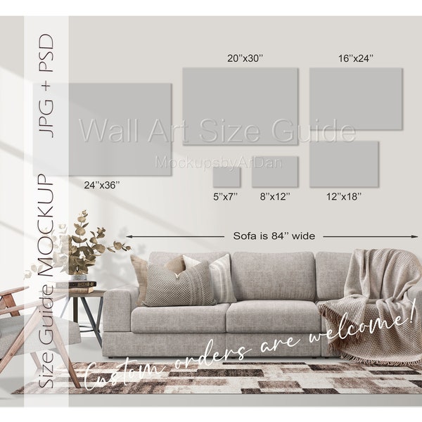 Landscape wall art size guide, Canvas print size guide, Wall art display guide, Canvas size comparison chart, Canvas size chart PSD JPG