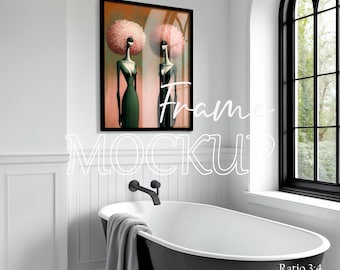 Maquete de banheiro 3:4 com efeito de vidro, moldura preta vertical em parede de azulejo branco tipo metrô, interior minimalista e limpo, reflexo da janela