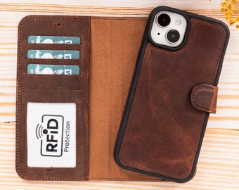Teak Brown Leather iPhone 15 Pro Max Case iPhone 15 Plus Case iPhone 15 Pro Detachable Magnetic Case Personalized iPhone 15 Wallet Case