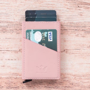 Leather Pop-up Wallet, Minimalist Card Holder Slim Wallet, Pink Magnetic Handmade Money Holder Pocket Wallet Personalized Christmas Gift
