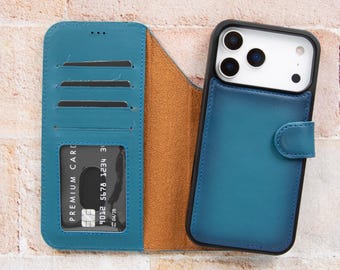 Funda tipo cartera para iPhone 17 Pro Max, funda de piel auténtica para iPhone 17 Pro, tarjetero extraíble MagSafe, regalo personalizado