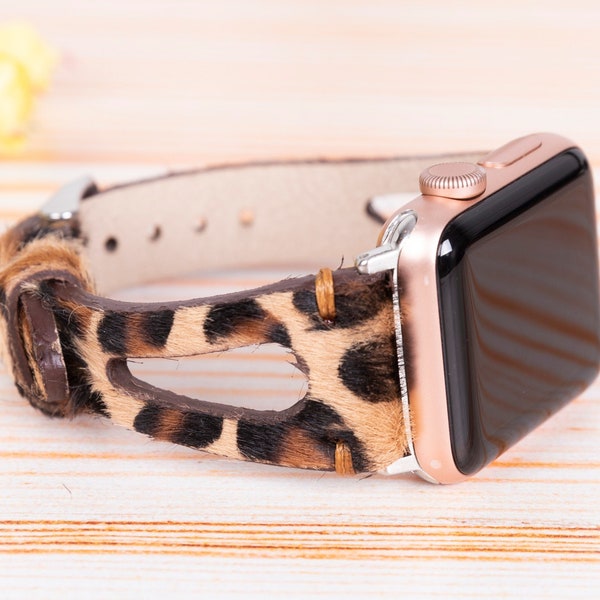 Furry Leopard Apple Watch Band, bracelets iWatch en cuir 49mm 45 44 42 41 40 38mm, bracelet iWatch personnalisé pour 3 4 5 6 SE 7 8 Ultra, iWatch 8 Femme