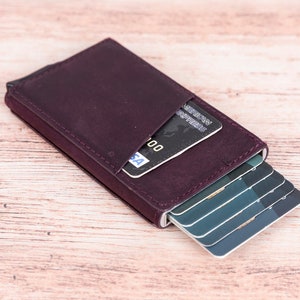 Leather Pop-up Wallet, Minimalist Card Holder Slim Wallet, Purple Magnetic Handmade Money Holder Pocket Wallet Personalized Christmas Gift