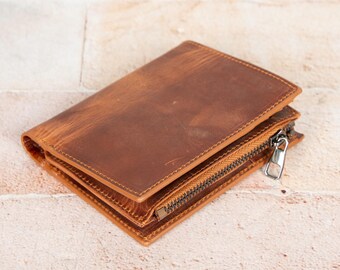 Handmade Genuine Leather Bifold Wallet, Slim Card Holder with Coin Pocket, ID Window