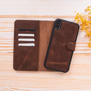 Leren portemonnee iPhone XS Max, aangepast hoesje iPhone XS Max, magnetisch afneembare iPhone XS Max-hoes, creditcardhoes, leren standaardportemonnee