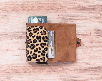 Leather Pop-up Wallet, Minimalist Card Holder Slim Wallet, Leopard Magnetic Handmade Money Holder Pocket Wallet Personalized Christmas Gift