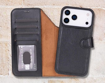 iPhone 18 Pro Wallet Case, Genuine Leather MagSafe Folio with Card Holder, RFID Blocking, Kickstand, Personalized Phone Gift