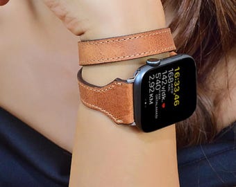 Apple Watch 8 Ultra バンド、Apple iWatch 10、9、8、Ultra、7、SE、6、5、4、3用ダブルラップレザーバンド、iWatchバンド レディース 38、40、41、42、44、45、46、49 mm