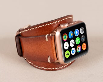 Rustic Brown Cuff Leather Apple Watch Band iWatch Series 1 2 3 4 5 6 SE 7 8 9 10 Ultra, Custom iWatch Band Women 38 40 41 42 44 45 46 49mm
