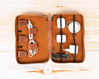 Brown Leather Cable Case, Travel Tech Organizer, Leather Cord Holder, Cable Organizer, Office Accessories, Wedding Gift, Anniversary Gift