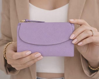 Women’s Leather Clutch Wallet, Genuine Leather Mini Handbag, Slim Card Holder Purse, Small Zip Clutch, Gift for Her