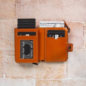 RFID leren kaarthouder portemonnee, slanke pop-up kaartetui met ID-sleuf, broekzak, suède voering, echt premium lederen cadeau, mechanismekoffer