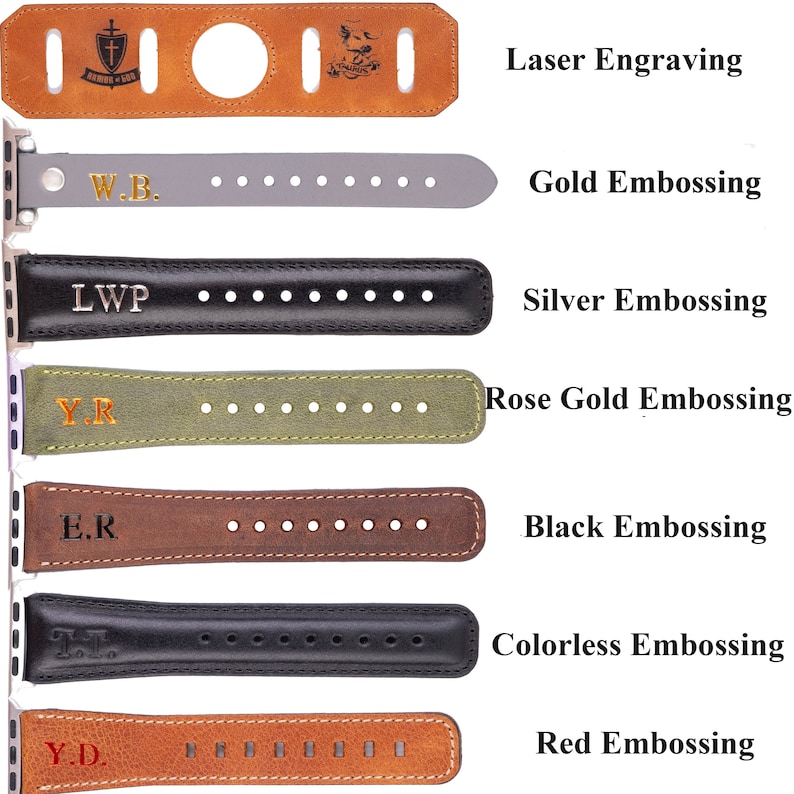 May include: Seven different watch straps with various engravings. The straps are made of leather and come in a range of colours, including brown, black, grey, and green. The engravings include "W.B.", "LWP", "Y.R.", "E.R.", "T.T.", and "Y.D.". The engravings are in gold, silver, rose gold, black, colourless, and red.