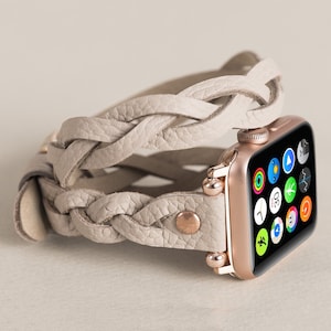 Leather Apple Watch Beige Double Wrap, iWatch Band, Dual Tour Leather Braided iWatch Strap, Slim iWatch Bracelet, Apple Watch Women Bracelet