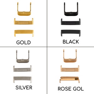 K&ouml;nnte beinhalten: Vier verschiedene Uhrenarmband-Schlie&szlig;en in Gold, Schwarz, Silber und Ros&eacute;gold. Jede Schlie&szlig;e hat eine rechteckige Form mit einer kleinen &Ouml;ffnung in der Mitte.