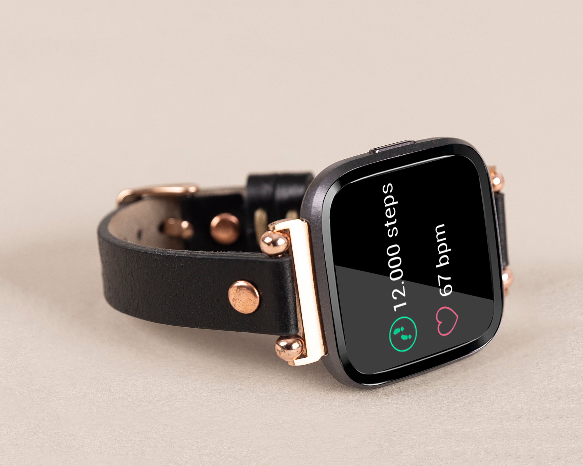 Black Leather Fitbit Versa 4 Band, Personalized Fitbit Sense 2
