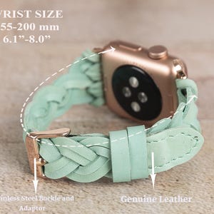 May include: A mint green braided leather Apple Watch band with a rose gold watch face. The band has a stainless steel buckle and adaptor. The text on the image reads "WRIST SIZE 155-200 mm 6.1"-8.0"" and "Genuine Leather".