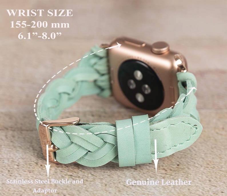 May include: A mint green braided leather Apple Watch band with a rose gold watch face. The band has a stainless steel buckle and adaptor. The text on the image reads "WRIST SIZE 155-200 mm 6.1"-8.0"" and "Genuine Leather".