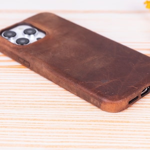 iPhone 14 Pro Max Leather Case, iPhone 14 Plus Back Cover, Custom Protective Cover for iPhone 14 Pro-MagSafe Charging Friendly - Brown