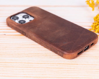 iPhone 14 Pro Max Leather Case, iPhone 14 Plus Back Cover, Custom Protective Cover for iPhone 14 Pro-MagSafe Charging Friendly - Brown