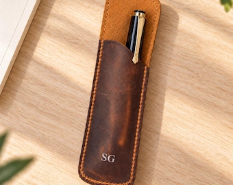 Leather Pen Holder for Notebook, Personalized Pen Pouch Case, Handmade Pen Sleeve with Elastic Strap, Custom Engraved Gift for Him Her