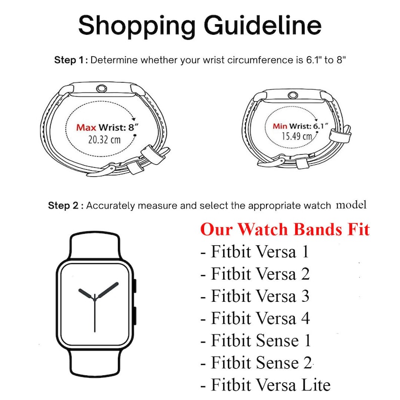K&ouml;nnte beinhalten: Ein Diagramm, das den Handgelenkumfang zeigt, der f&uuml;r verschiedene Fitbit-Uhrenarmb&auml;nder ben&ouml;tigt wird. Das Diagramm zeigt ein Uhrenarmband mit einer maximalen Handgelenksgr&ouml;&szlig;e von 8 Zoll (20,32 cm) und einer minimalen Handgelenksgr&ouml;&szlig;e von 6,1 Zoll (15,49 cm). Der Text unter dem Diagramm listet die Fitbit-Uhrenmodelle auf, zu denen die Armb&auml;nder passen: Fitbit Versa 1, Fitbit Versa 2, Fitbit Versa 3, Fitbit Versa 4, Fitbit Sense 1, Fitbit Sense 2 und Fitbit Versa Lite.