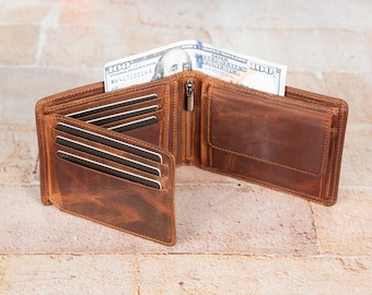Men’s Leather Wallet, Genuine Leather Bifold Wallet with Coin Pocket and ID Window, Slim Handmade Card Holder, Best Gift