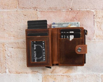 Genuine Leather RFID Cardholder, Pop-Up Wallet for Men, Quick Access Card Slot, Suede Interior, Coin Zip Pocket, Gift Ready, Card Wallet