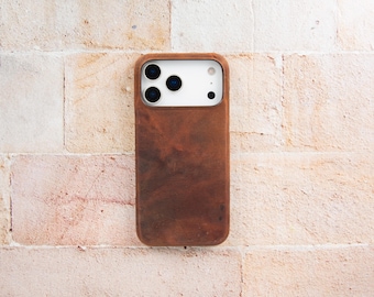 iPhone 17 Pro Max Leather Case, Slim Handmade Full Grain Cover, MagSafe Wireless Charging Compatible, Suede Interior