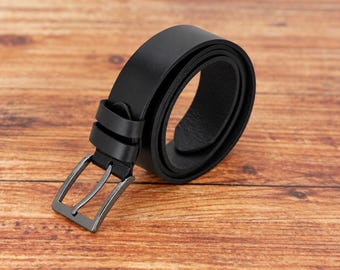 Mens Black Leather Belt, Genuine Leather Casual Dress Belt, Personalized Engraved Belt for Men, Gift for Him Husband Dad Boyfriend