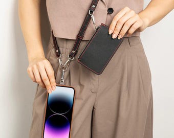 Leather Crossbody Phone Strap with Wallet, Personalized Phone Lanyard, Detachable Card Holder, Adjustable Hands Free Strap, Gift for Her