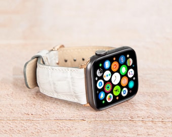 Pulseira de couro branco para Apple Watch, feita à mão, macia e durável, compatível com todos os modelos de Apple Watch, ajustável para máximo conforto e estilo, presente para mães