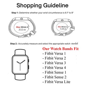 May include: A diagram showing the wrist circumference needed for different Fitbit watch bands. The diagram shows a watch band with a maximum wrist size of 8 inches (20.32 cm) and a minimum wrist size of 6.1 inches (15.49 cm). The text below the diagram lists the Fitbit watch models that the bands fit: Fitbit Versa 1, Fitbit Versa 2, Fitbit Versa 3, Fitbit Versa 4, Fitbit Sense 1, Fitbit Sense 2, and Fitbit Versa Lite.