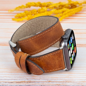 Apple Watch Brown Leather Double Wrap, iWatch Ultra SE 10 9 8 7 6 5 4 3 2 1 Strap, Apple Watch Band, iWatch Bracelet, Womens Gift Watch Band