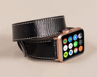 Black Leather Apple Watch Double Wrap Band, Dual Tour iWatch Strap, Leather iWatch Bracelet, Customized Gift, Womens Gift, Anniversary Gift