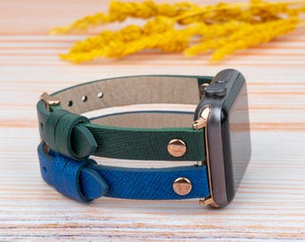 Leather Apple Watch Band for iWatch Ultra 3 2 11 10 SE series, Custom Apple Watch Band 45mm, Women Dual Color Strap, Personalized Gift